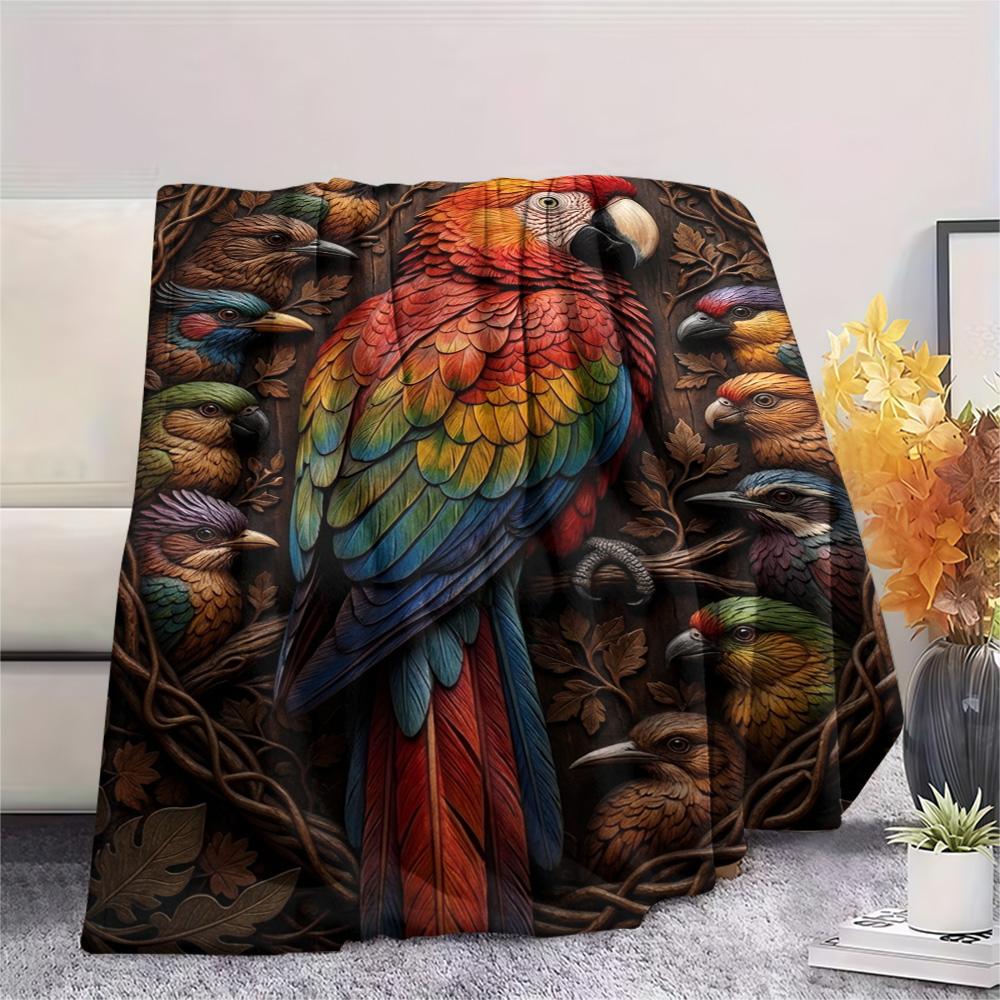 1PC Woodcarved Wildlife Art Print FlAannel Blanket, High quality Comfortable for All Seasons, Home Decor, Warmth and Comfort