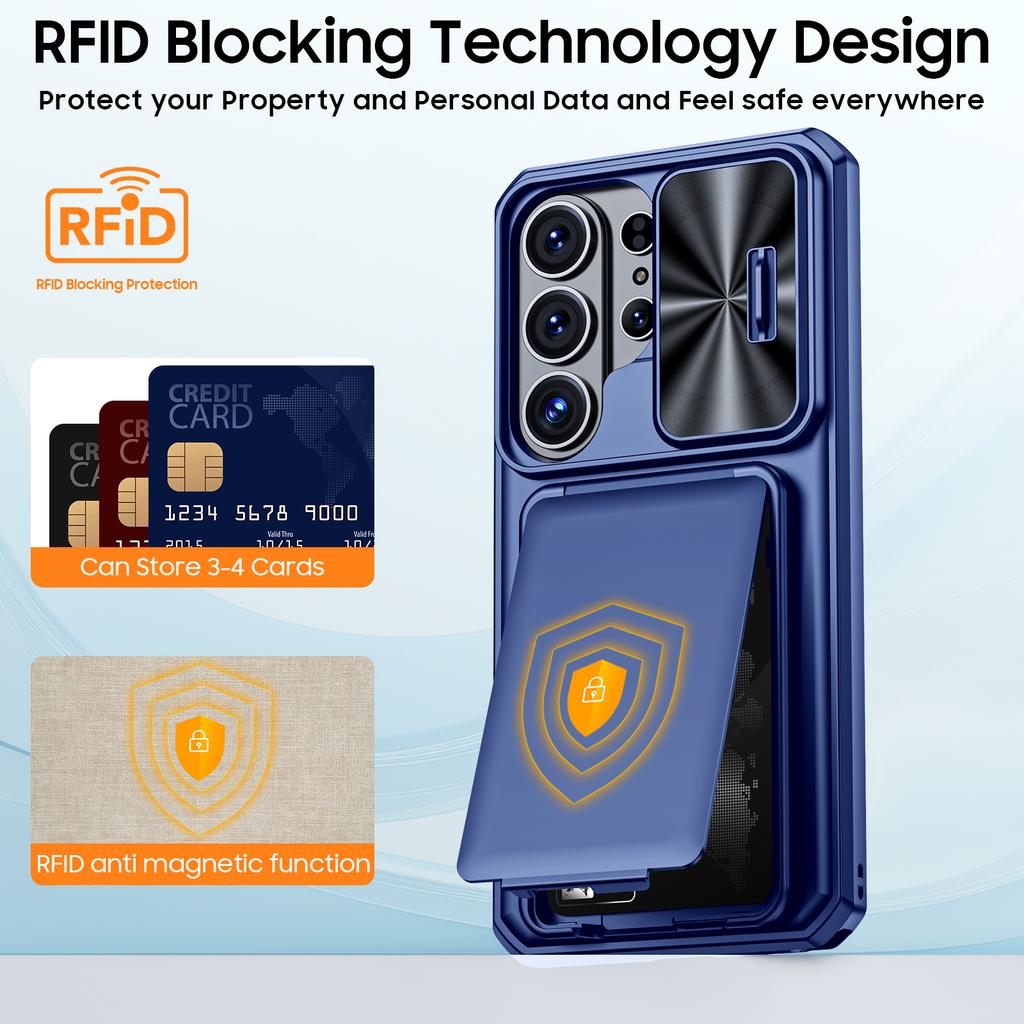 Mit Kartenhalter, Schiebefach für die Kamera und Ständer für Samsung Galaxy S26 Ultra Handyhülle, Anti-Fall PC+TPU Wallet Hülle - Blau
