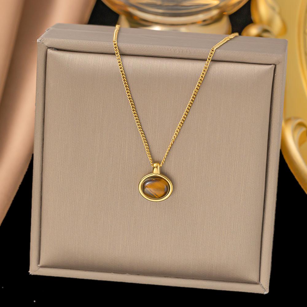 Natural Stone Titanium Steel Pendant Necklace Rhinestone Flower Oval Gold Color Charm Sweater Chain  for Women