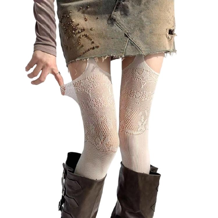 Women s Hollowout Garter Belt Stockings Suspender Pantyhose Tights Flower Lace Jacquard Patterned Thigh High Leggings белый