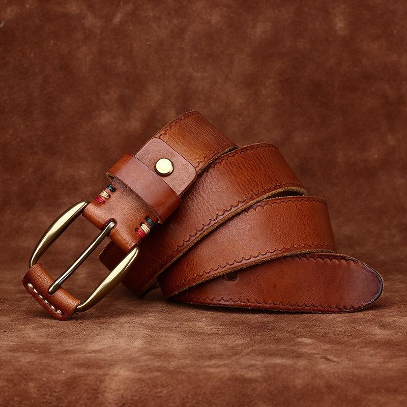 Retro Fashion Trend Versatile Copper Buckle Genuine Leather Belt Men'S First Layer Cowhide Old Pleated Jeans Belt Men'S