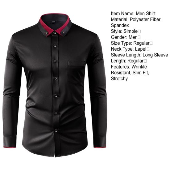 Men Dress Shirt Button Down Long Sleeve Shirt Lapels Rhinestones Slim Fit Formal Shirt for Business Wedding Party Prom Wear