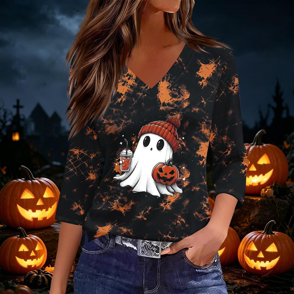 Women's Casual V-Neck Three-Quarter Sleeve Top with Halloween Print