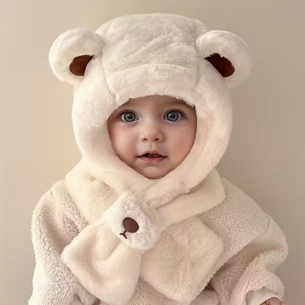 2-6Y Kids Cartoon Bear Hooded Hat and Scarf Combo - Thickened Warm Ear Protection for Skiing, Parties, Outdoor Activities