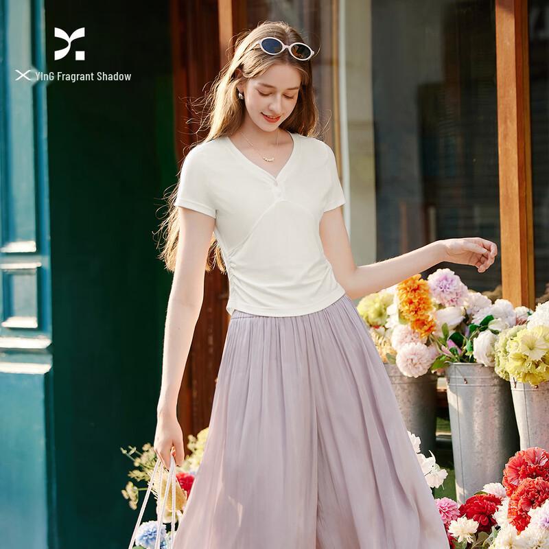 

Xiangying Women s V-Neck Pleated Short Sleeve T-Shirt S