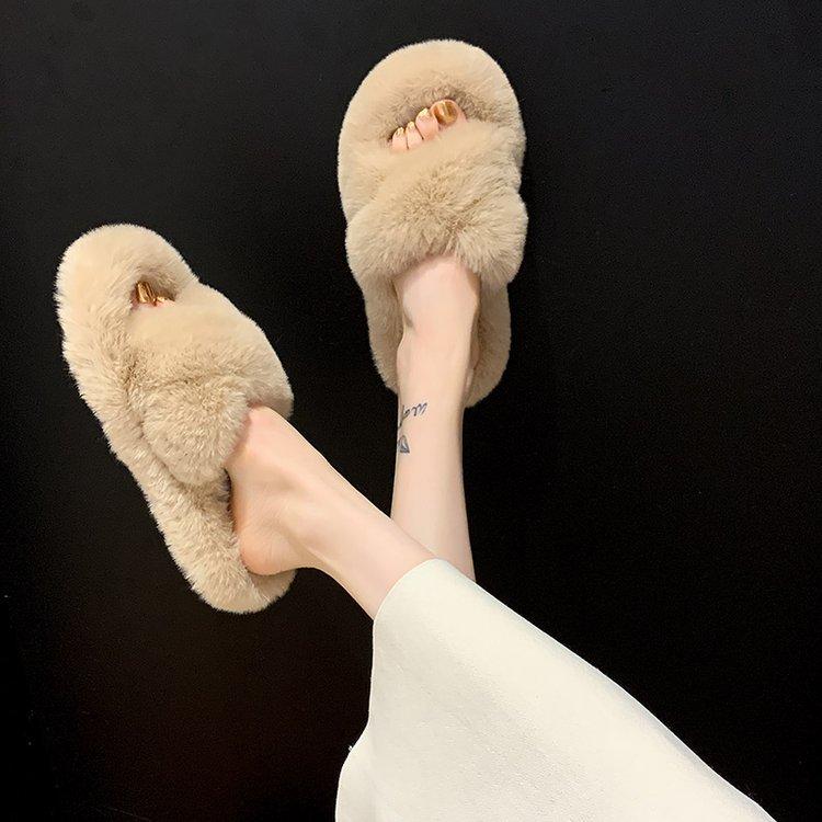 Women's Internet Celebrity Thick-soled Fur Slippers Women's Outerwear 2024 Autumn and Winter Cross Fur Slippers