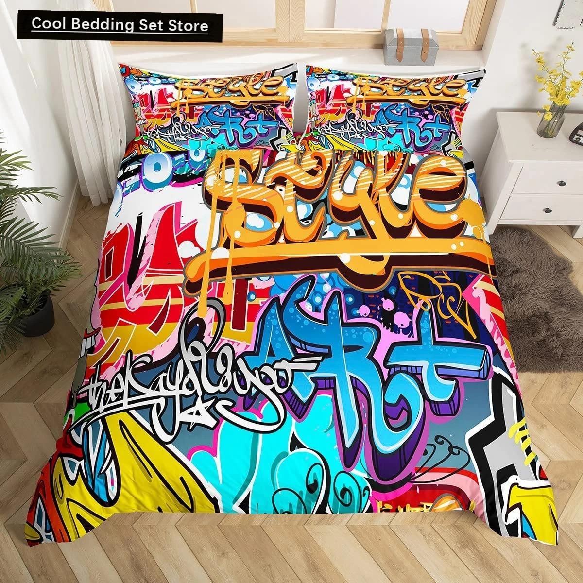 

Hippie Graffiti King Queen Duvet Cover Hip Hop Bedding Set for Kids Teens Adults Wall Urban Street Art Polyester Quilt Cover US King 264x228cm