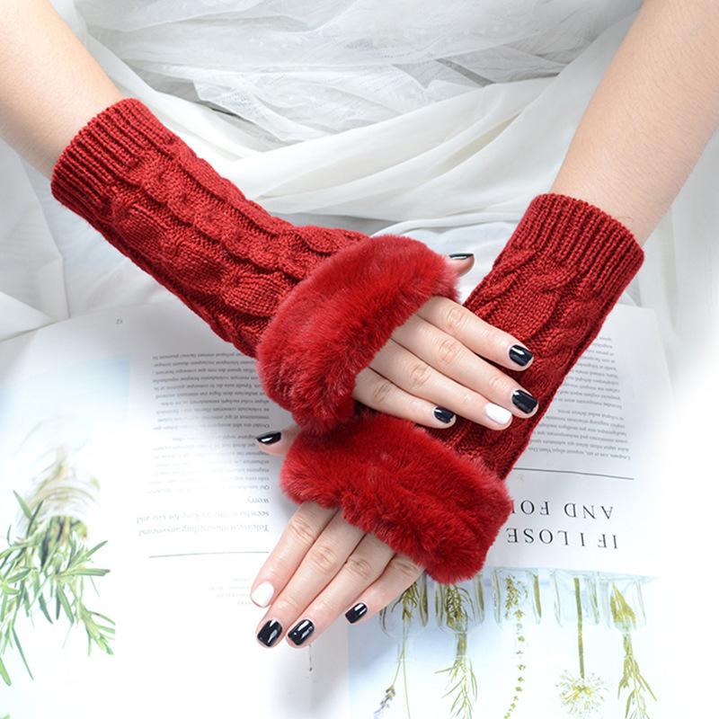 Winter Women Gloves Plush Faux Fur Knitting Wool Keep Warm Mitten Fingerless Lady Girl Half Finger Gloves Christmas Gift