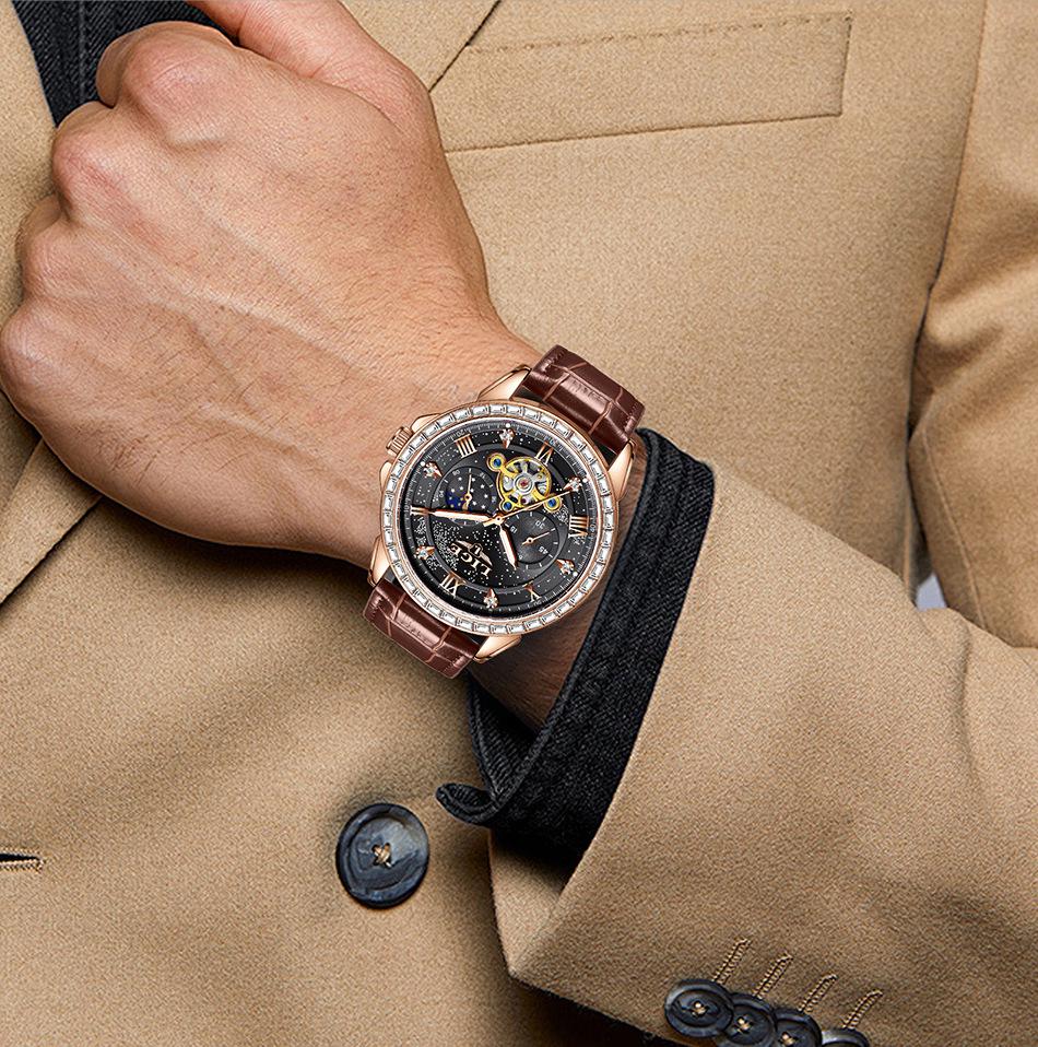 LIGE Men's Tourbillon Waterproof Mechanical Watch with Moon Phase