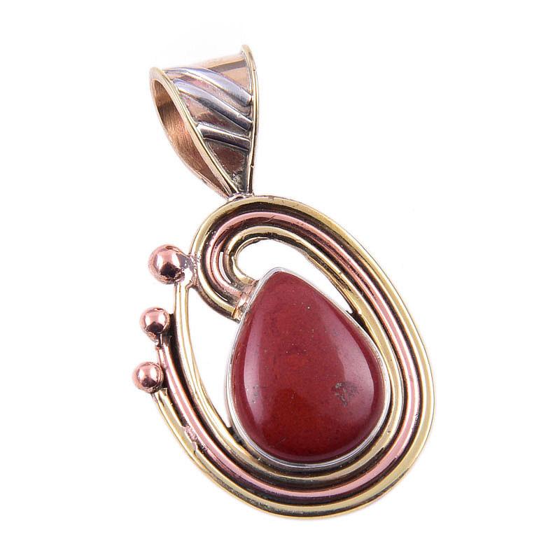Pendentif bicolore en argent sterling 925 massif avec pierre précieuse naturelle de jaspe rouge, 3,8 cm, i9H54