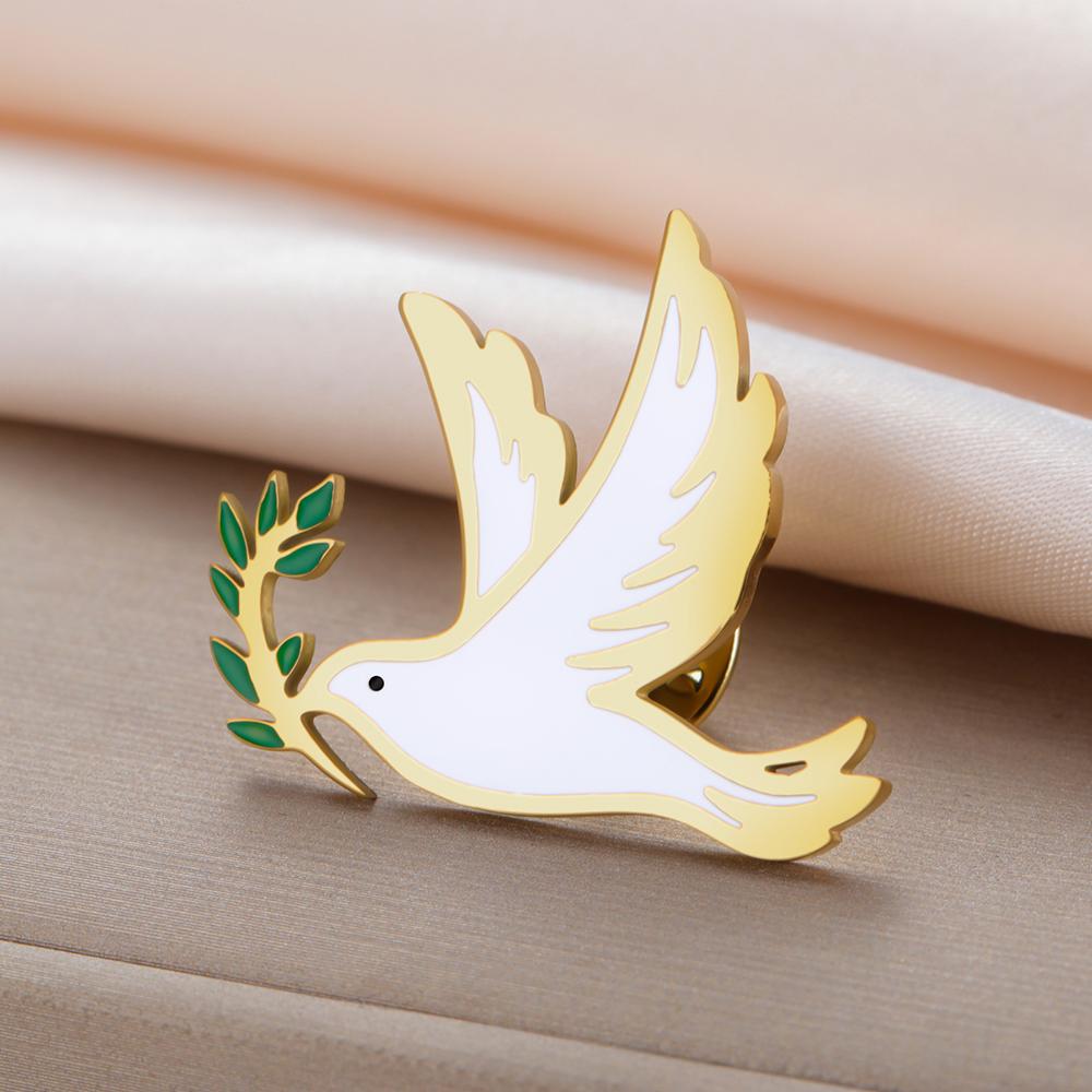 Dawapara Dove of Peace Brooch Animal Bird Dove with Olive Enamel Pin Stainless Steel Accessories for Men Women