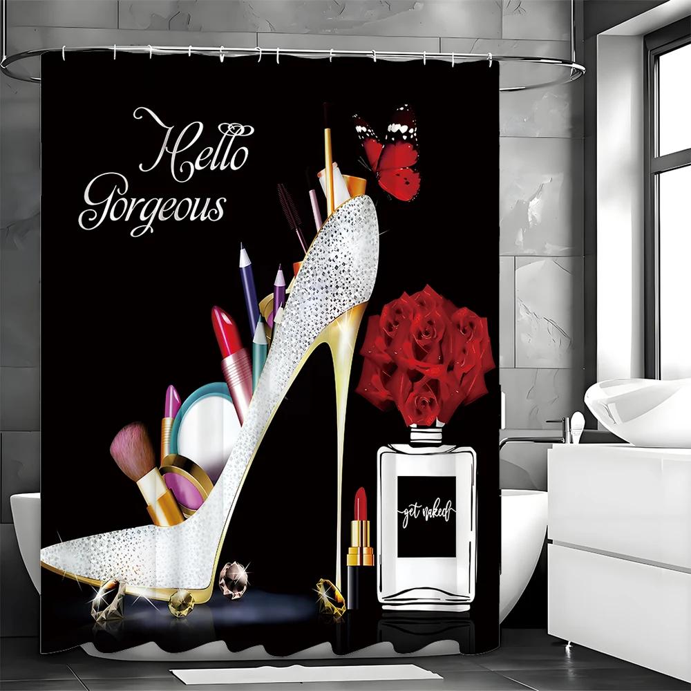 Silver Heels Cosmetic Floral Perfumed Shower Curtain, Bathroom Decorative Shower Curtain, Waterproof Shower Curtain with Hooks