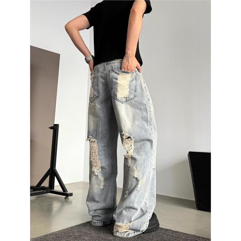 American retro street ripped jeans men's and women's loose casual and versatile design sense niche straight wide-leg pants