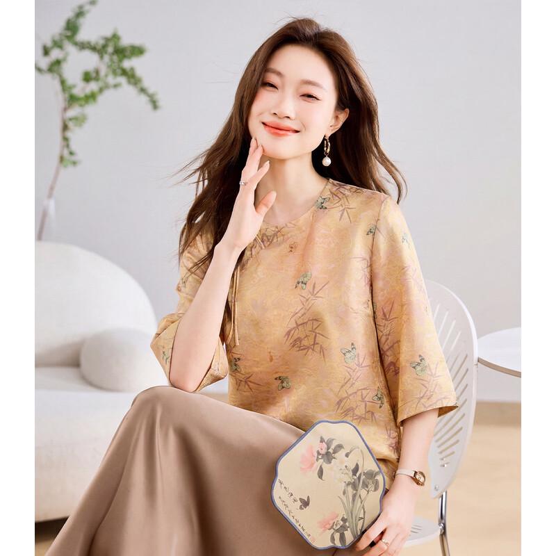 ORIGIN Women s Chinese Style Printed Round Neck Mid-Sleeve Shirt M