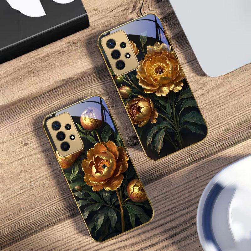 Prosperous Golden Peony For Samsung A 01 52S A04 A05S A10 A12 A13 22 23 24 36 42 M02 Note 10 20Ultra 8 9 Golden glass phone case