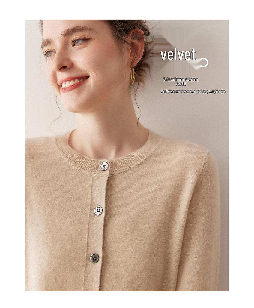 Autumn/Winter Pure Cashmere Women's Gray Round Neck Cardigan - Loose Knit Long Sleeve Sweater