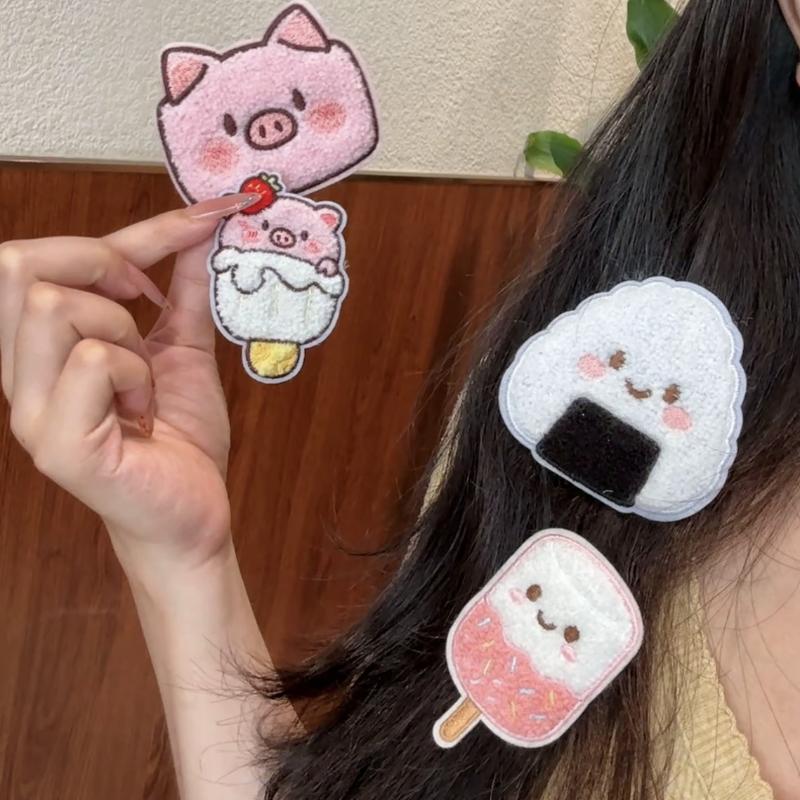 Cute Cartoon Pig Rice Ball Ice Cream Hair Magic Patch Plush Bangs Sticker Non Slip Broken Hair Holder For Girls Makeup Washing