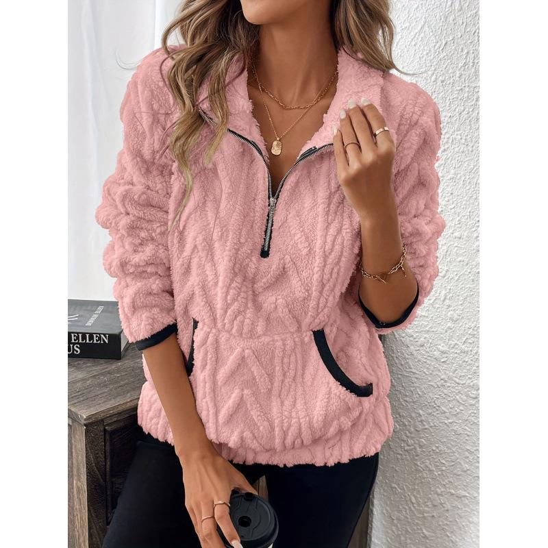 Autumn and Winter New Style Lapel Jacquard Half-zip Plush Pocket Short Sweatshirt for Women