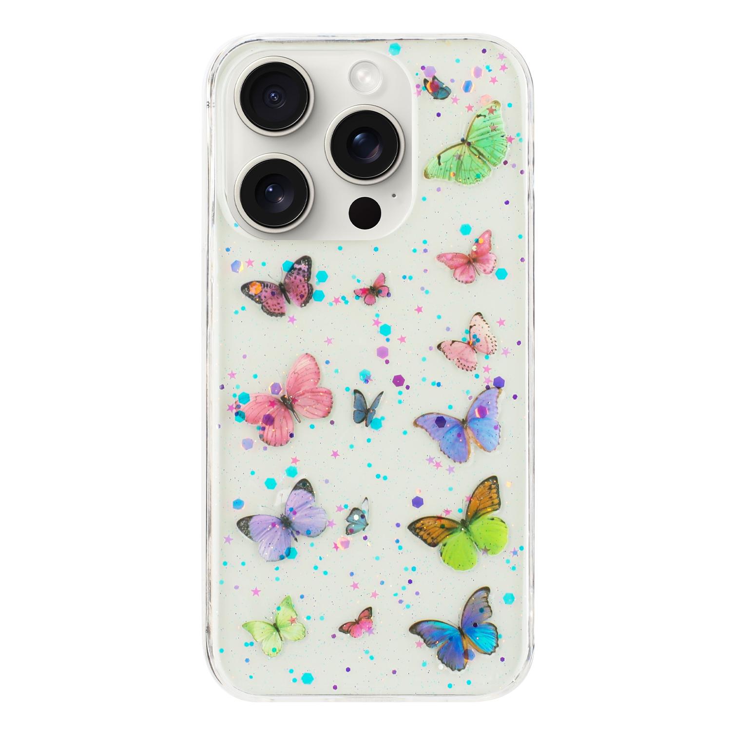 

For iPhone 15 Pro Case Anti Drop TPU Phone Back Cover Epoxy Glitter Butterfly Pink