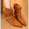 New Style Women's Brown Suede Kitten Heel Western Boots Pointed Toe Slip-on Pleated Coarse Heel Mid-Calf Boots Extra Large Size
