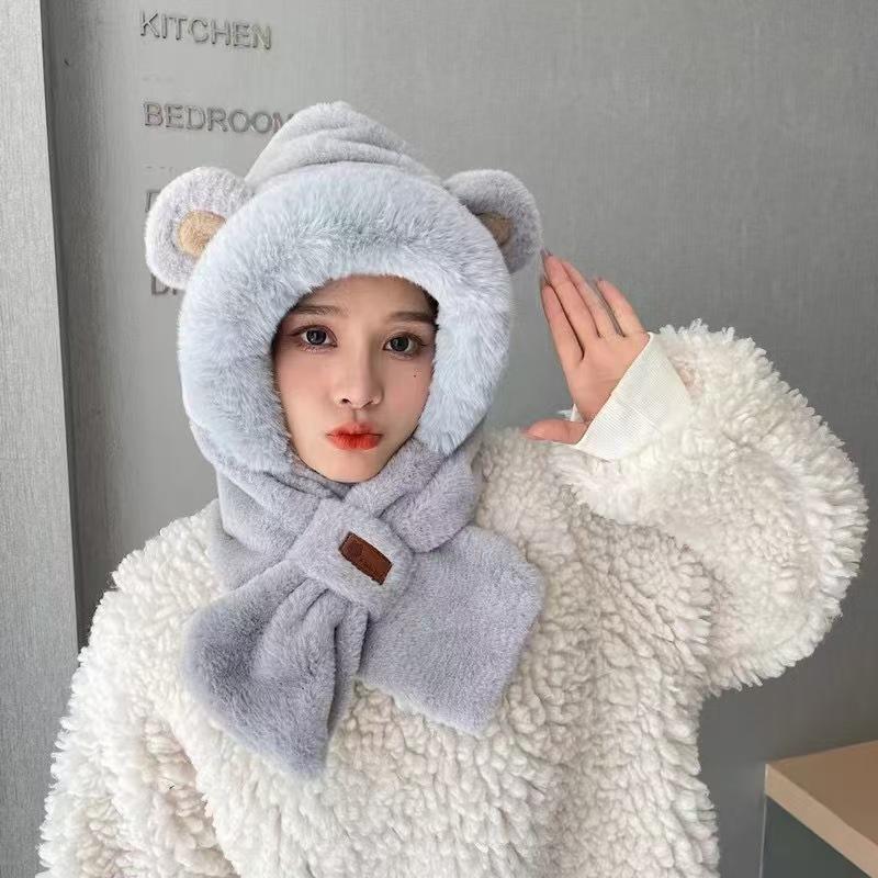 Women Winter Scarf-Hat Combo with Plush Lining Thickened Plush Cold-Weather Hat Autumn/Winter Skiing Soft Warm Hat Unisex