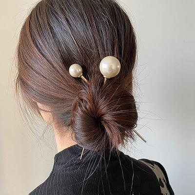 1 forcina per capelli a forma di U in metallo con testa di perla, elegante da donna, geometrica, delicata a forma di U