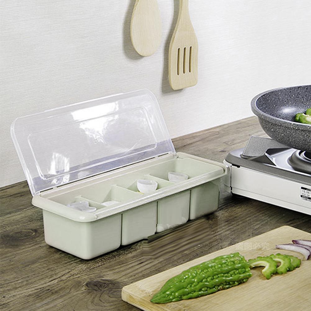 4 Compartments Seasoning Box Spice Rack Organizer Condiment Holder Container(Green)