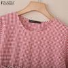 ZANZEA Women Casual Round Neck Summer Short Sleeve Plaid Print Blouse