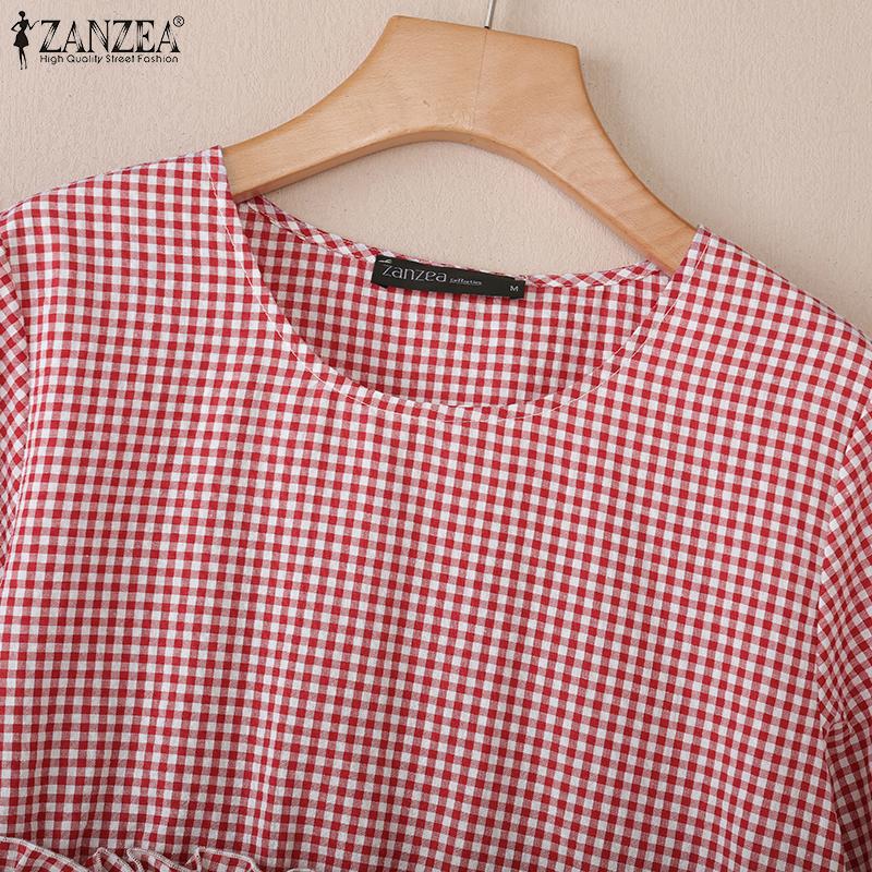 ZANZEA Women Casual Round Neck Summer Short Sleeve Plaid Print Blouse