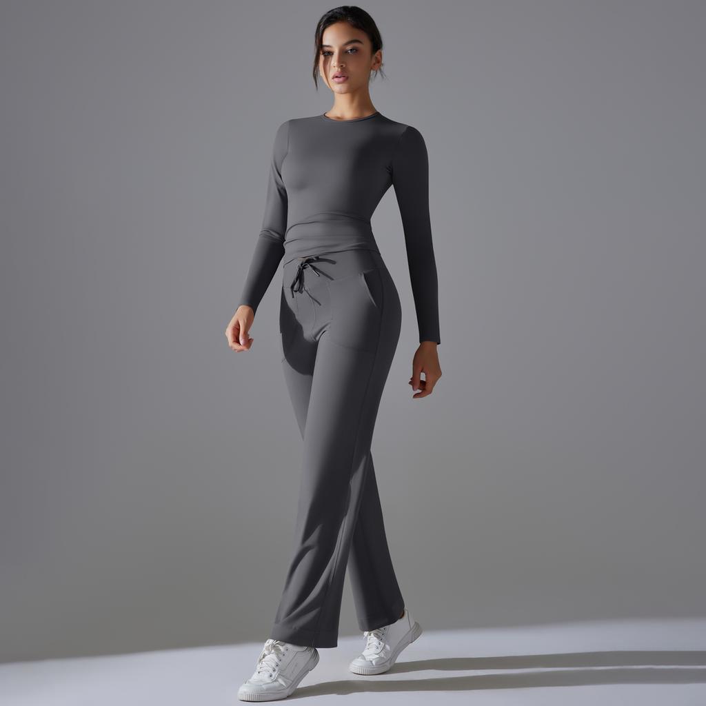Auroth Long Sleeve Yoga Set With Pockets Women Workout Colthes Gym Top Wide Leg Fitness Pants Sportswear
