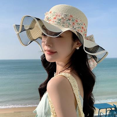 Summer Wave Sunshade Sweet Bow Straw Straw Hat Mesh Sun Hat Female