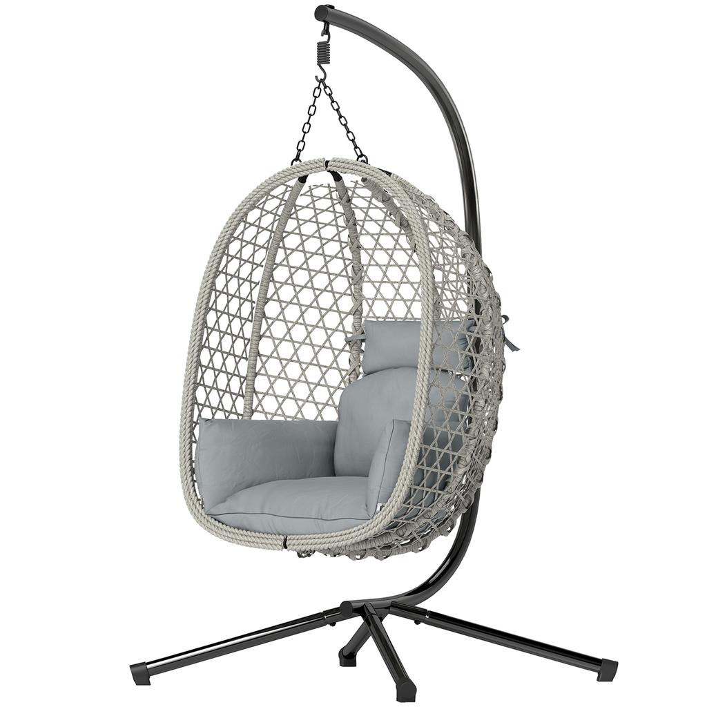 Hanging Egg Chair, Indoor Outdoor Rattan Hammock Swing Chair with Stand, Safety Strap, Foldable Basket, Light Grey