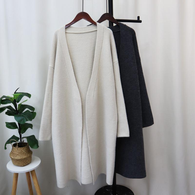 Autumn and Winter New Medium and Long Knitted Cardigan Women's Solid Color Loose Lazy Style Versatile Sweater Jacket