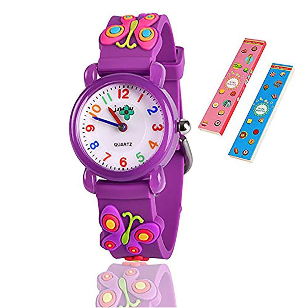 Toddler Kids Children Girls Boys Watch, 3D Cute Cartoon Silicone Band Wristwatch Time Teacher Gift for Girls Boys (Purple Butterfly)