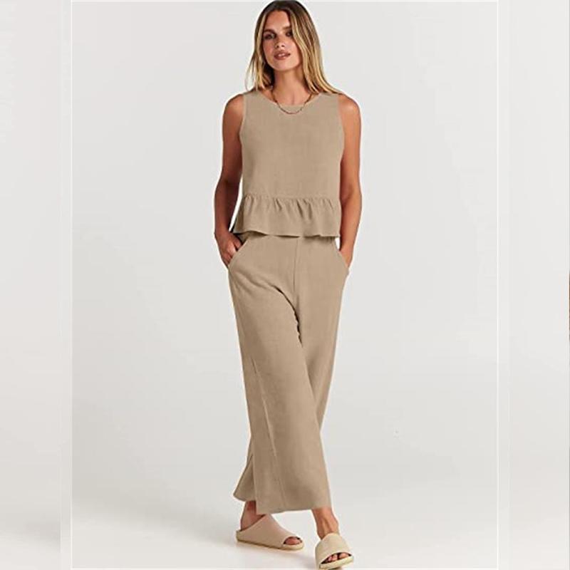 

Летний женский комбинезон, удобный повседневный плиссированный жилет без рукавов, широкие брюки, брюки с девятью точками, повседневный костюм XL хаки