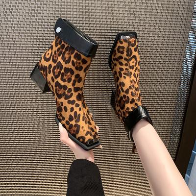 Women Leopard Suede Ankle Boots Square Toe Mid Heels Shoes Woman 2025 Trend Fashion Winter New Snow Motorcycle Boots Mujer Botas