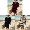 Polyester Digital Print Striped Vneck Dress With Short Sleeves For Casual Summer Wear