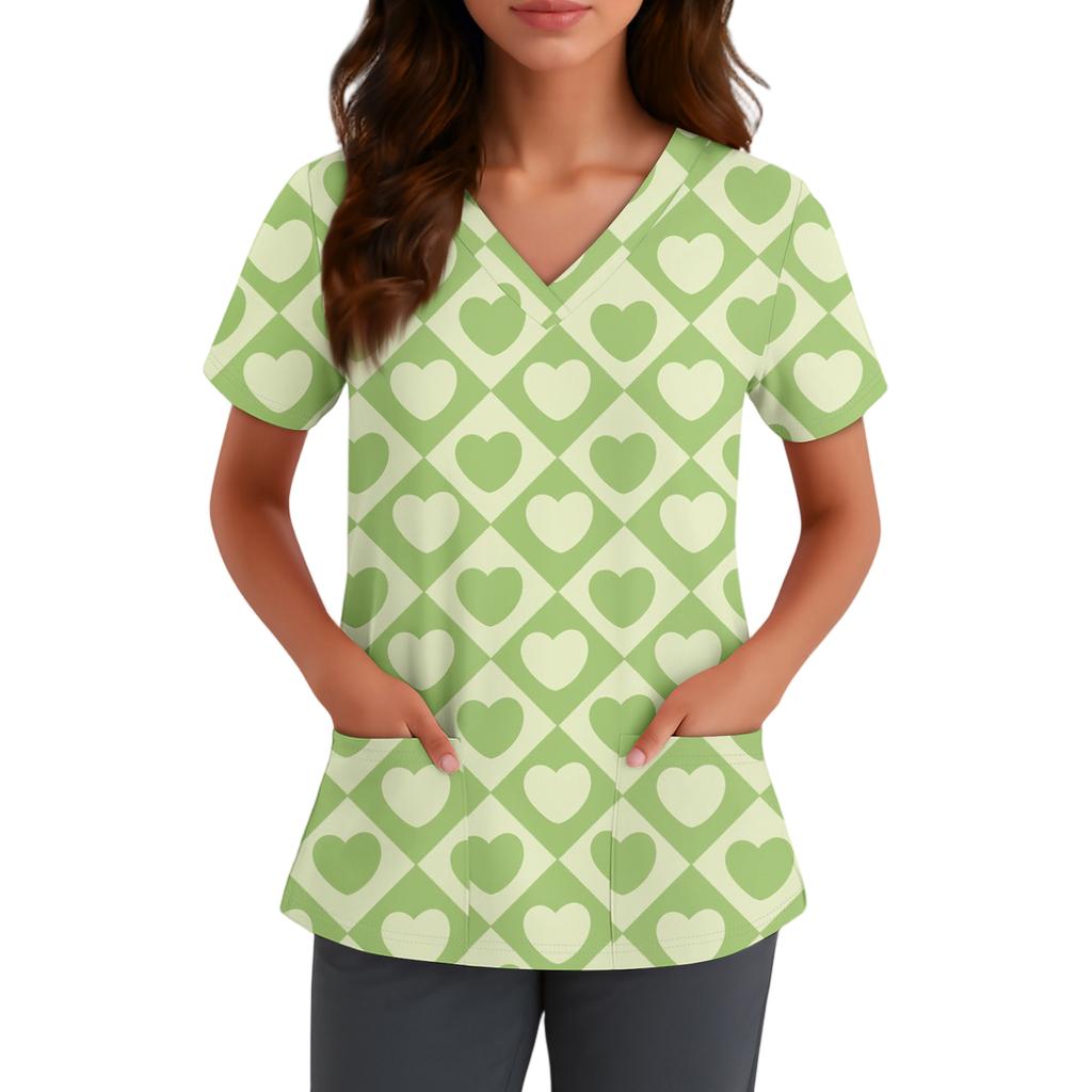Women's Cute Bow Printed Work Clothes V-neck Double Layer Pockets Basic Short Sleeve Top Pullover