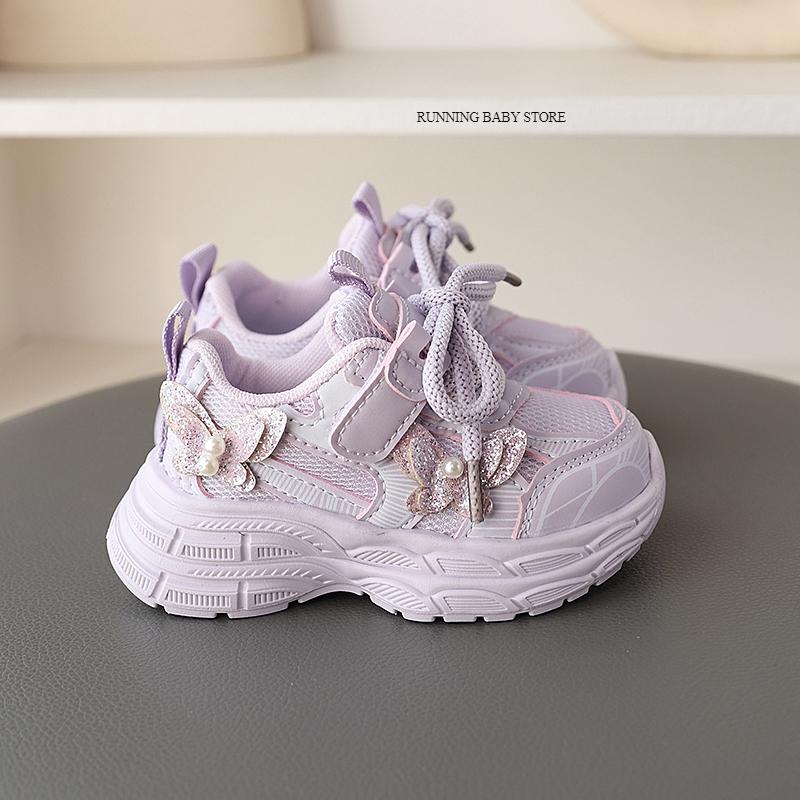 Girls Spring Sports Shoes with Butterfly Children's Fall Mesh Breathable Sneakers for Kids Student Pink Purple Walk Shoes I02233