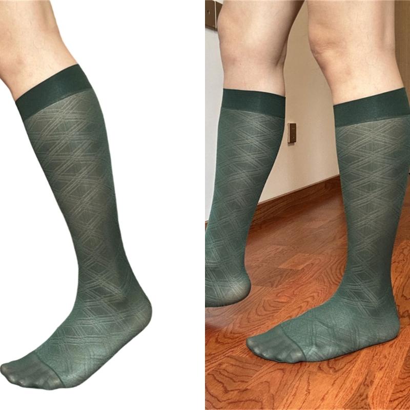 Men's Breathable Nylon Thin Dress Socks with Argyle Pattern Design Middle Calf Business Formal Socks Hosiery Gift