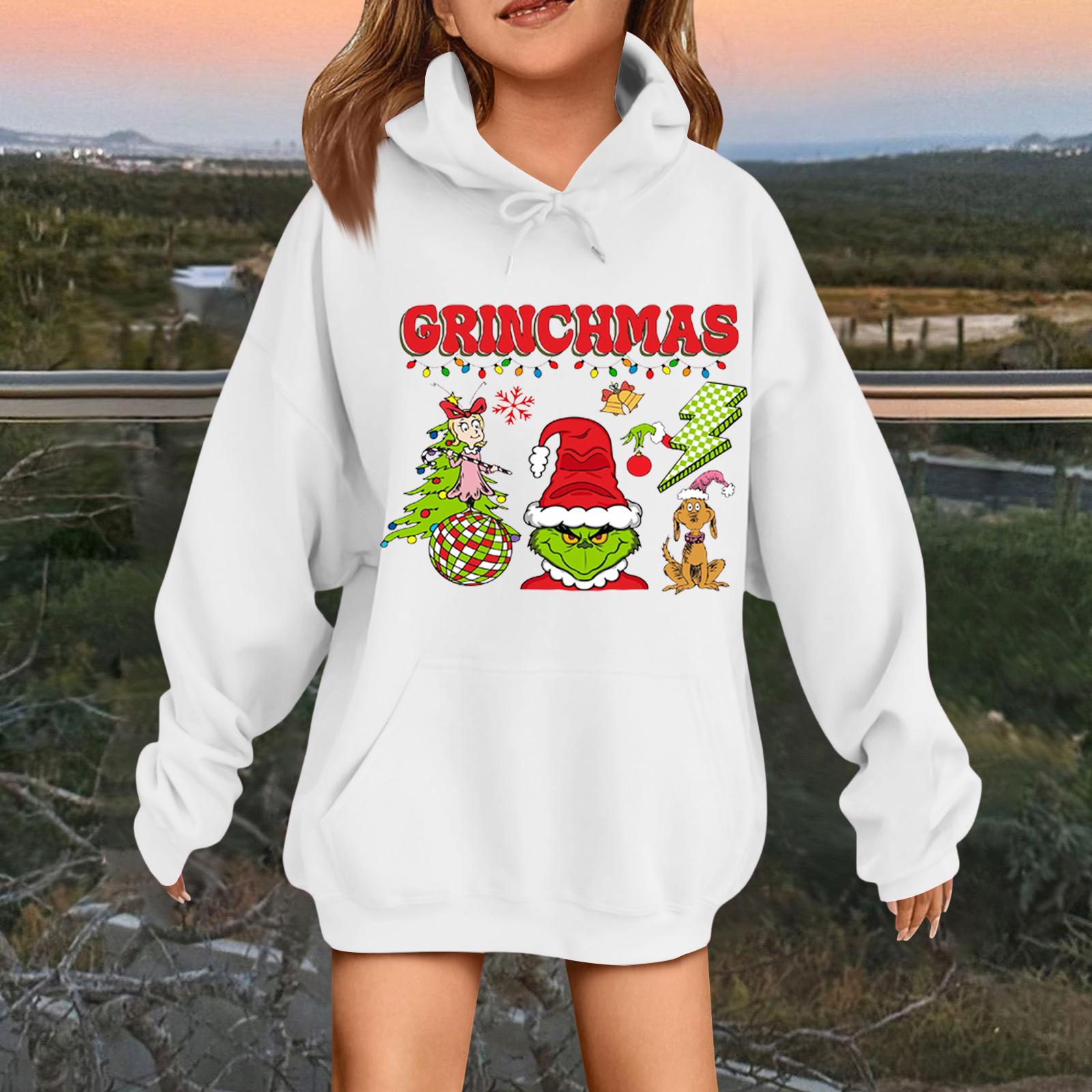 

Детская модная повседневная толстовка с капюшоном свободного кроя с длинными рукавами и рождественским принтом 120 белый