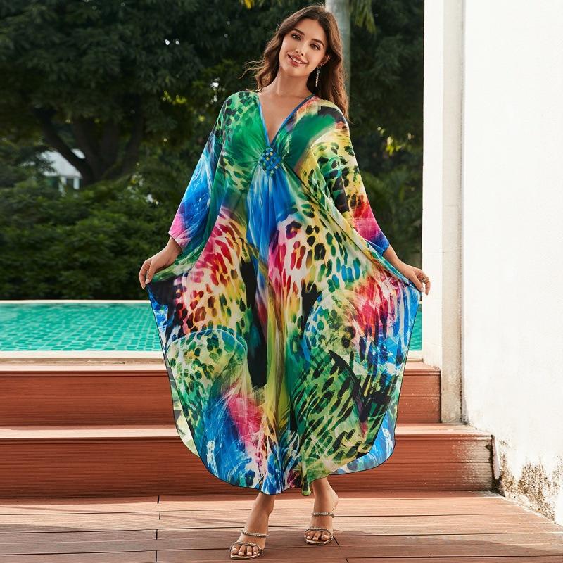 Vacation dress, long robe, loose positioned print beach cover-up, bikini dress