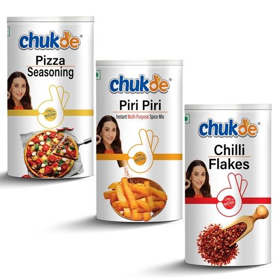 Chukde - Pizza Seasoning 80 Gm, Peri Peri 100 Gm & Chilli Flakes 70 Gm - Indian Spices - Pizza Sprinklers - Combo Pack