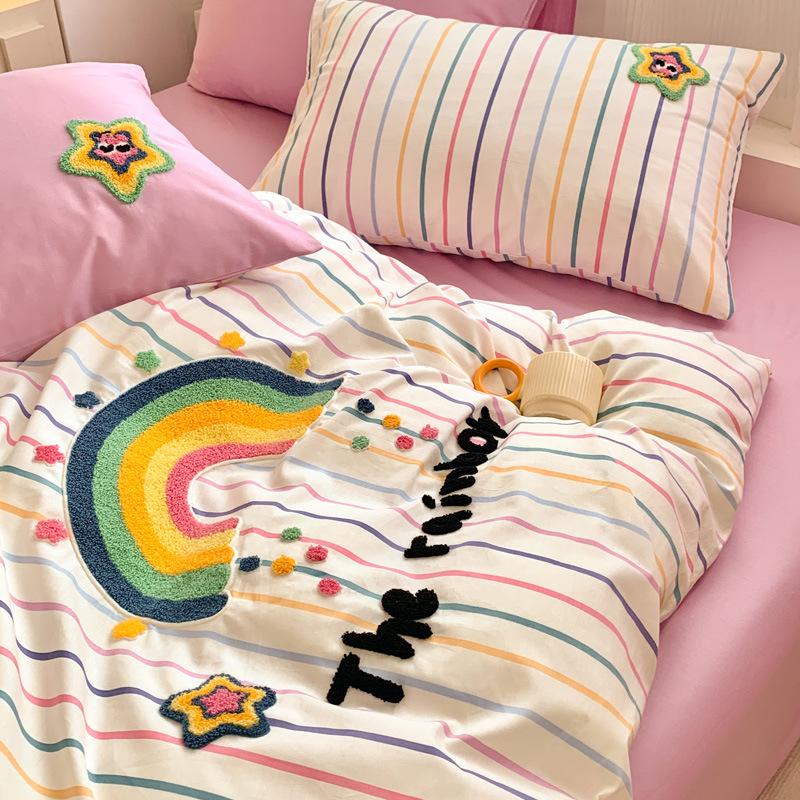 Washed Pure Cotton 4Pcs Set Cotton Towel Embroidered Quilt Cover Soft Skin-Friendly Bed Sheet Mattress