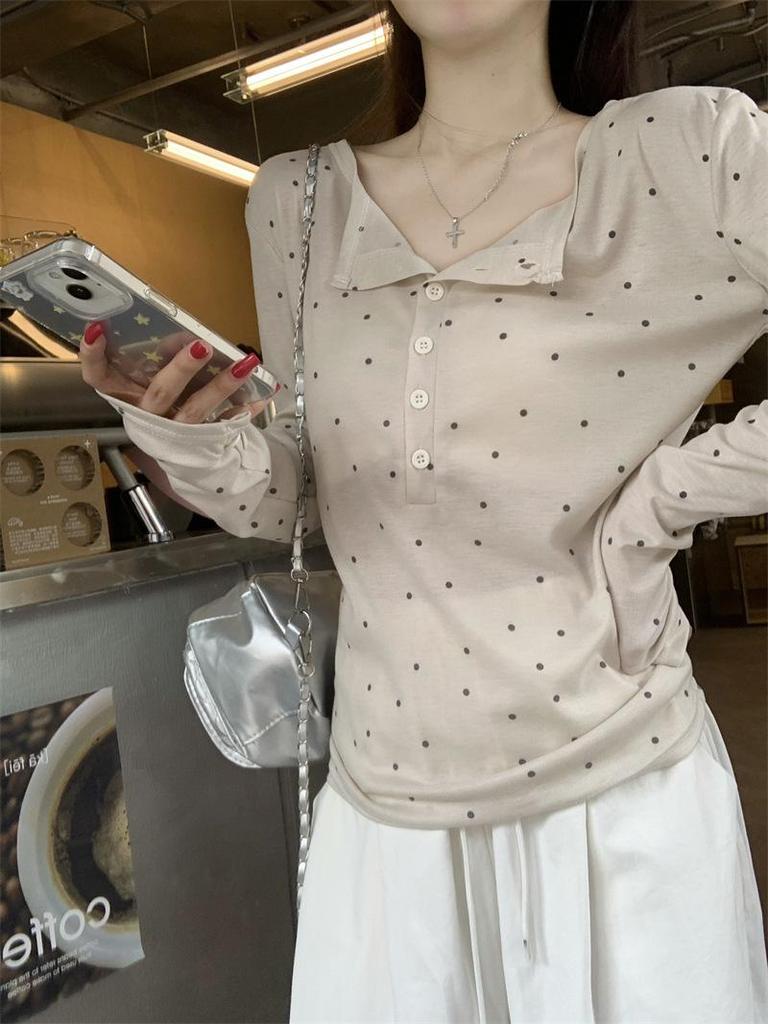 Spring/Summer Korean Polka Dot Sheer Slim-Fit Long Sleeve T-Shirt for Women