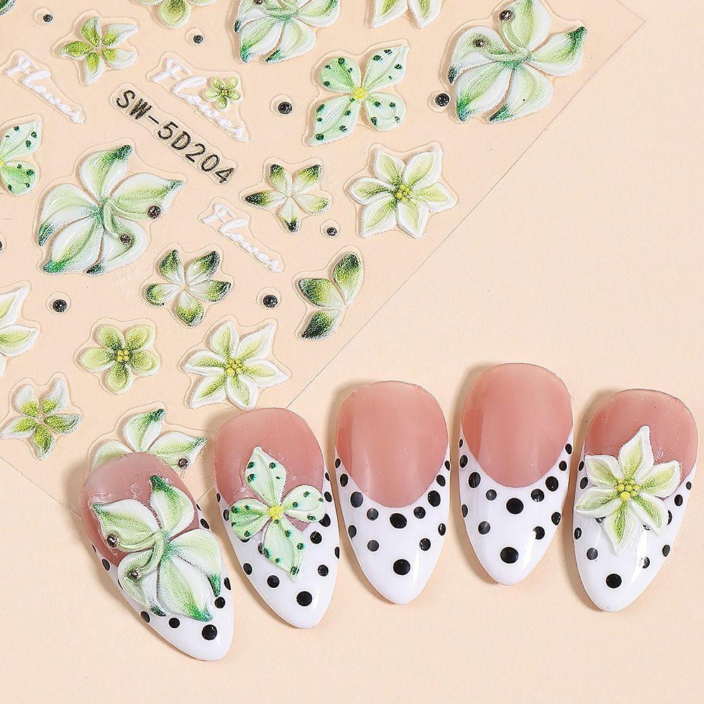 French Embossed Nail Stickers Waterproof White Pink Petals 3D Nail Art Decals Lily Petal Design Gold Line French