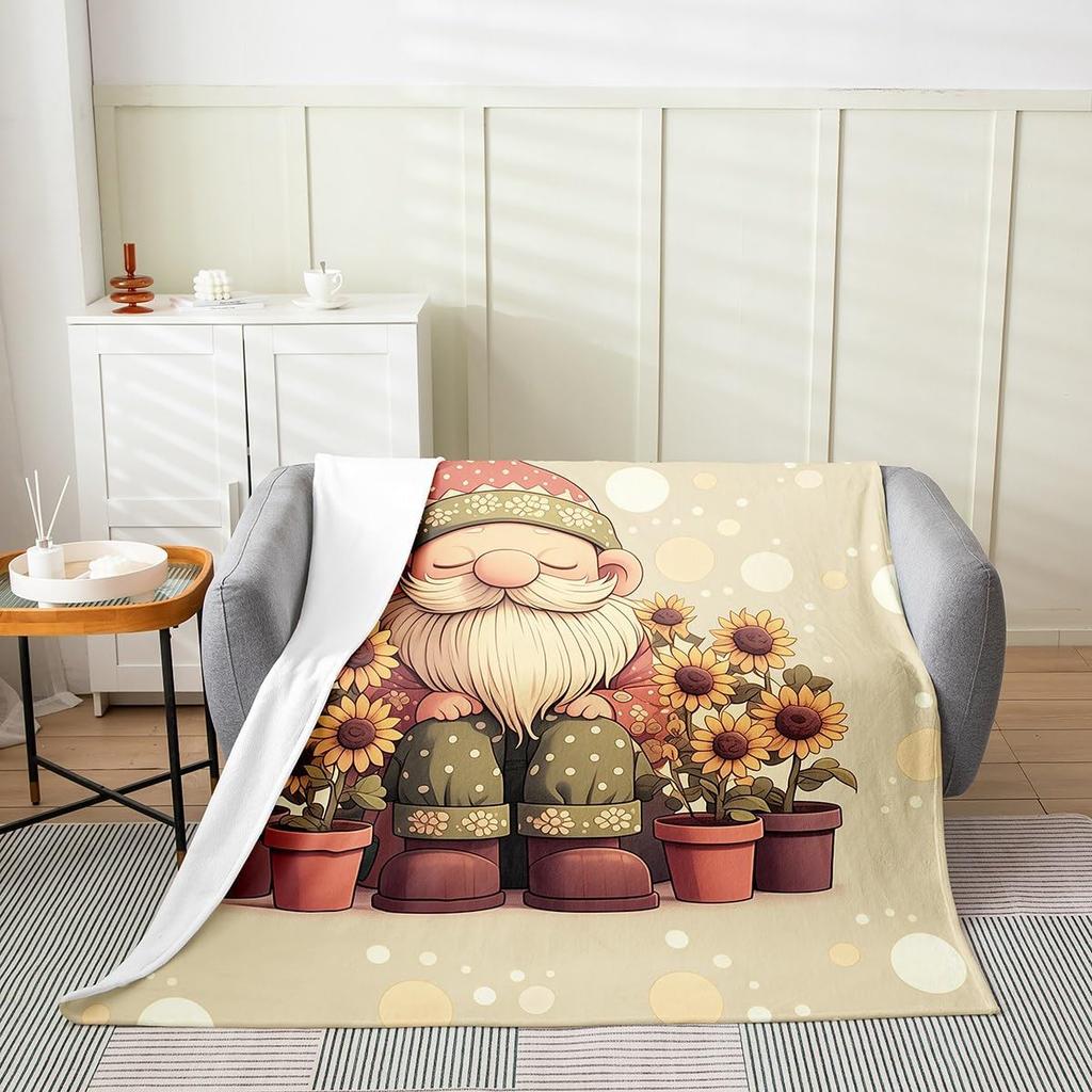 Gnome Sunflower Fleece Throw Blanket Queen Inch Dwarf Polka Dots Flannel Blanket for Men Women Cute Cartoon Yellow Farmhouse
