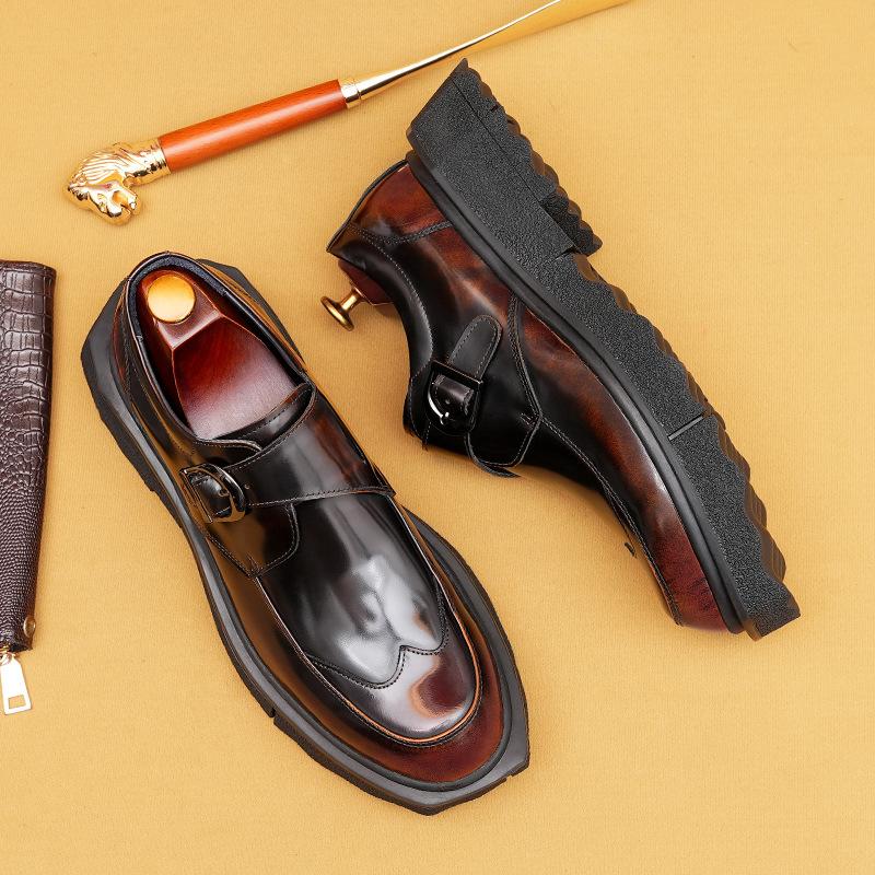 Casual Leather Shoes Men'S Genuine Leather British Business Dress Buckle Monk Shoes Platform Heightening Shoes