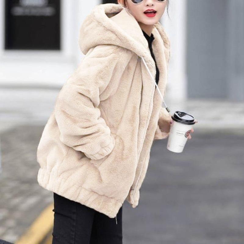 Fleece and thickened imitation rabbit fur hooded sweater jacket women's medium and long winter loose long sleeves