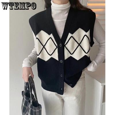 Retro Diamond Grid Sweater Knitted Vest Spring and Autumn Loose Women's Vest Trendy Outerwear